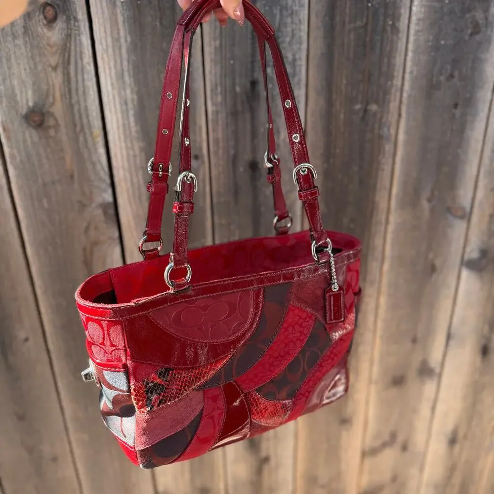 Coach Patchwork Gallery Tote Red Signature Multi-Material Bag F14004